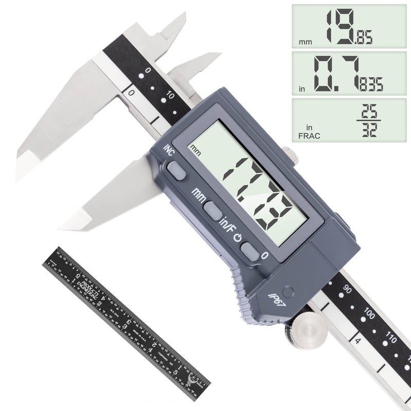 PEC TOOLS 6 Inch/150mm Digital Caliper & Made in US 6 Inch 16R Rule (32nds,64ths,50ths,100ths), Industrial-Grade Stainless Steel Caliper, IP67 Waterproof & Oil-Resistant, Inch/MM/Fraction Modes - Image 2